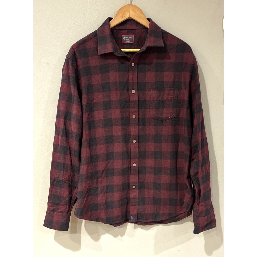 UNTUCKit Martino Flannel Shirt Men Burgundy Black Plaid Button Down L